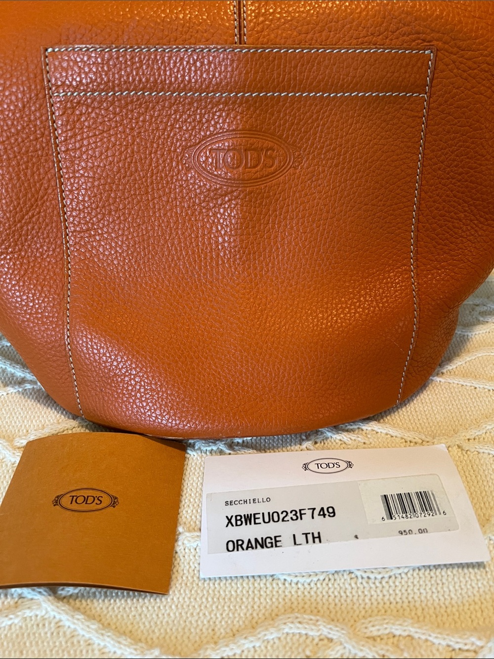 Tod's Orange Pebbled Leather Shoulder Tote with Front Pocket AUTHENTIC